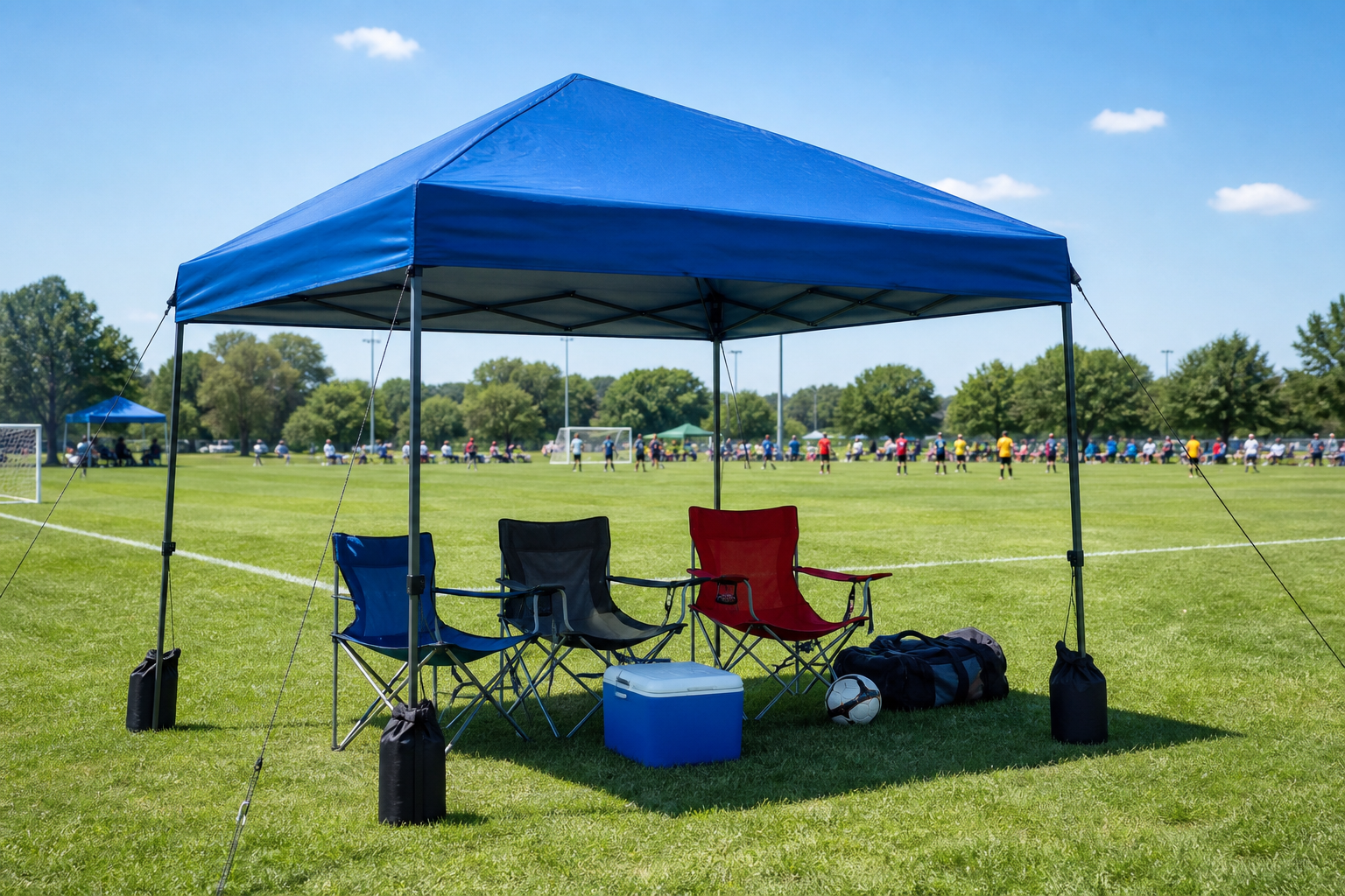 Anchored blue pop-up canopy shading chairs beside a community soccer field