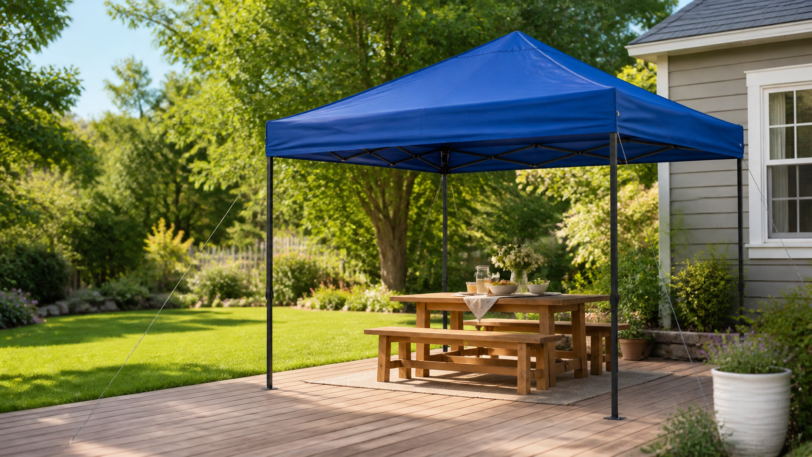 Blue 10 by 10 foot pop-up canopy shading a backyard picnic table