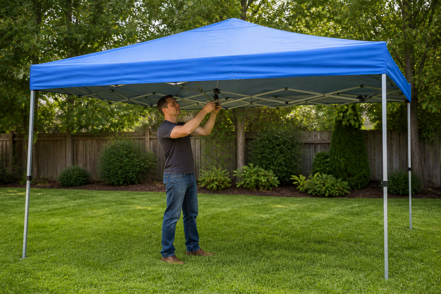 Adult raising the central locking hub of a blue pop-up canopy